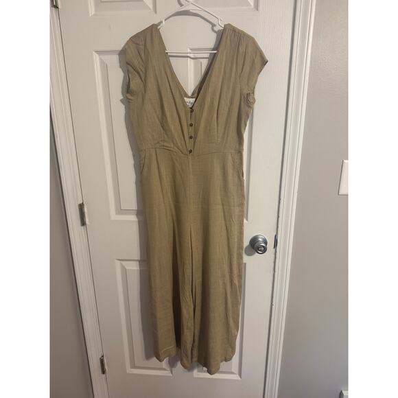 Polly Linen Tan Boho Minimalist Jumpsuit Button Front Wide Leg Sz: 14 - Picture 1 of 5